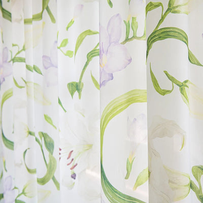 White Sheer Curtains with Watercolor Lily, Purple Flower, and Green Leaves Print
