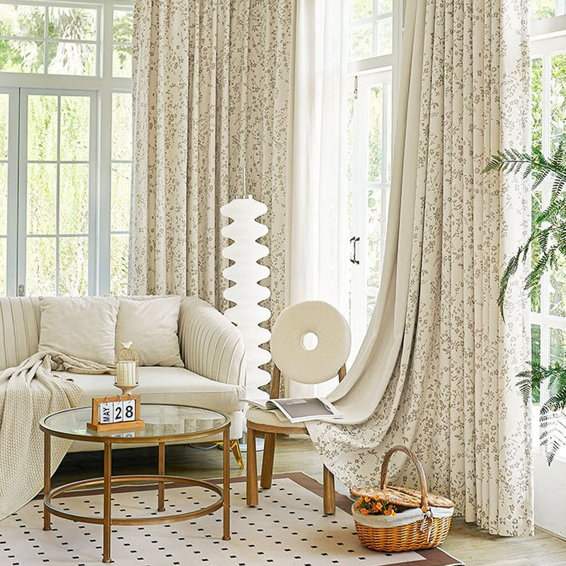 Cream Chenille Blackout Curtains with Country Style Floral Jacquard