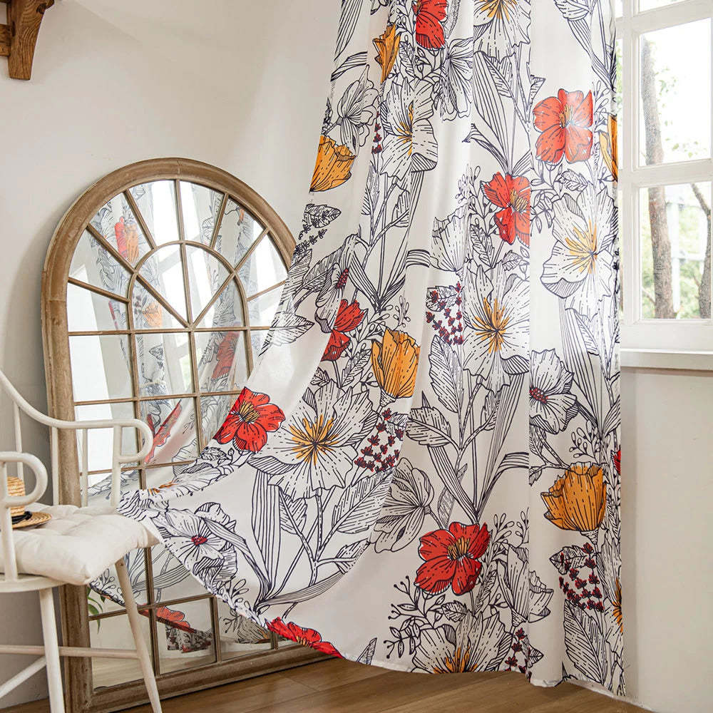 Art Retro Sheer Curtains Orange Floral Design