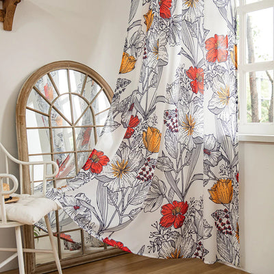 Art Retro Sheer Curtains Orange Floral Design