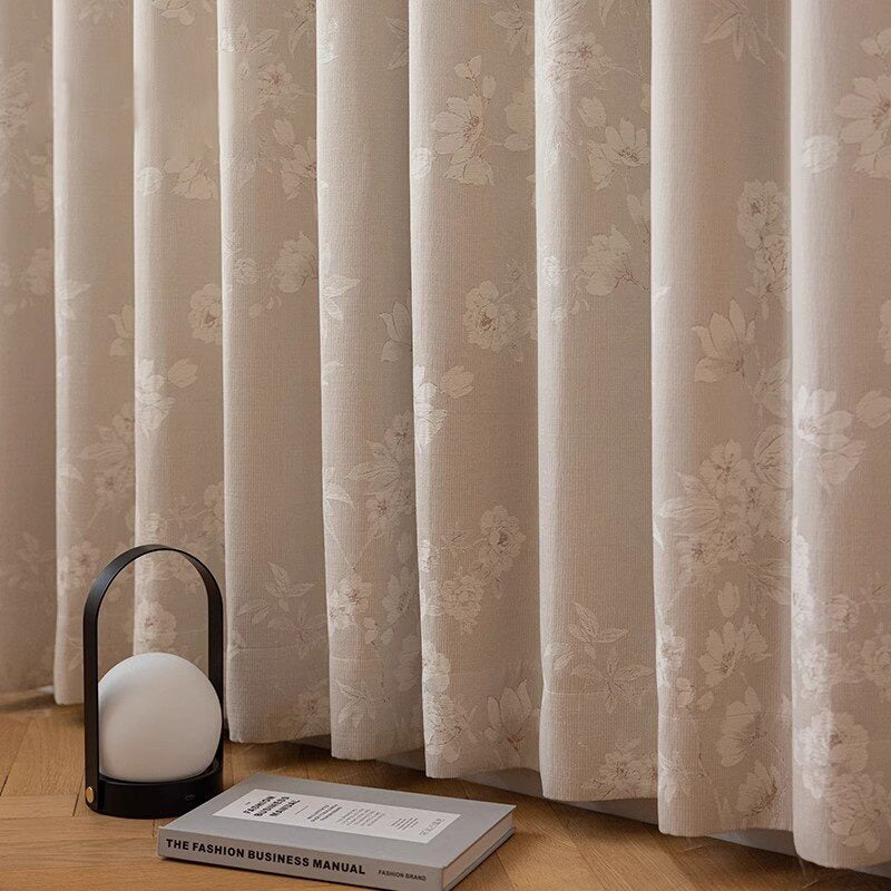 Beige Chenille Blackout Curtains with Magnolia Vintage Flower Jacquard