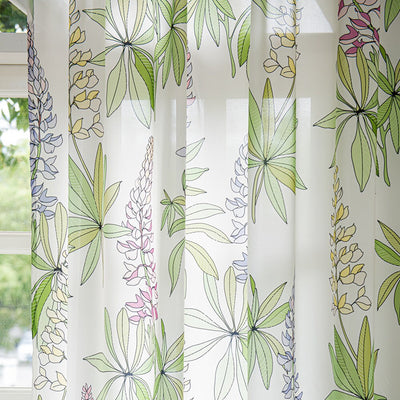 White Sheer Curtains with Purple Lavender Floral and Green Leaves Print