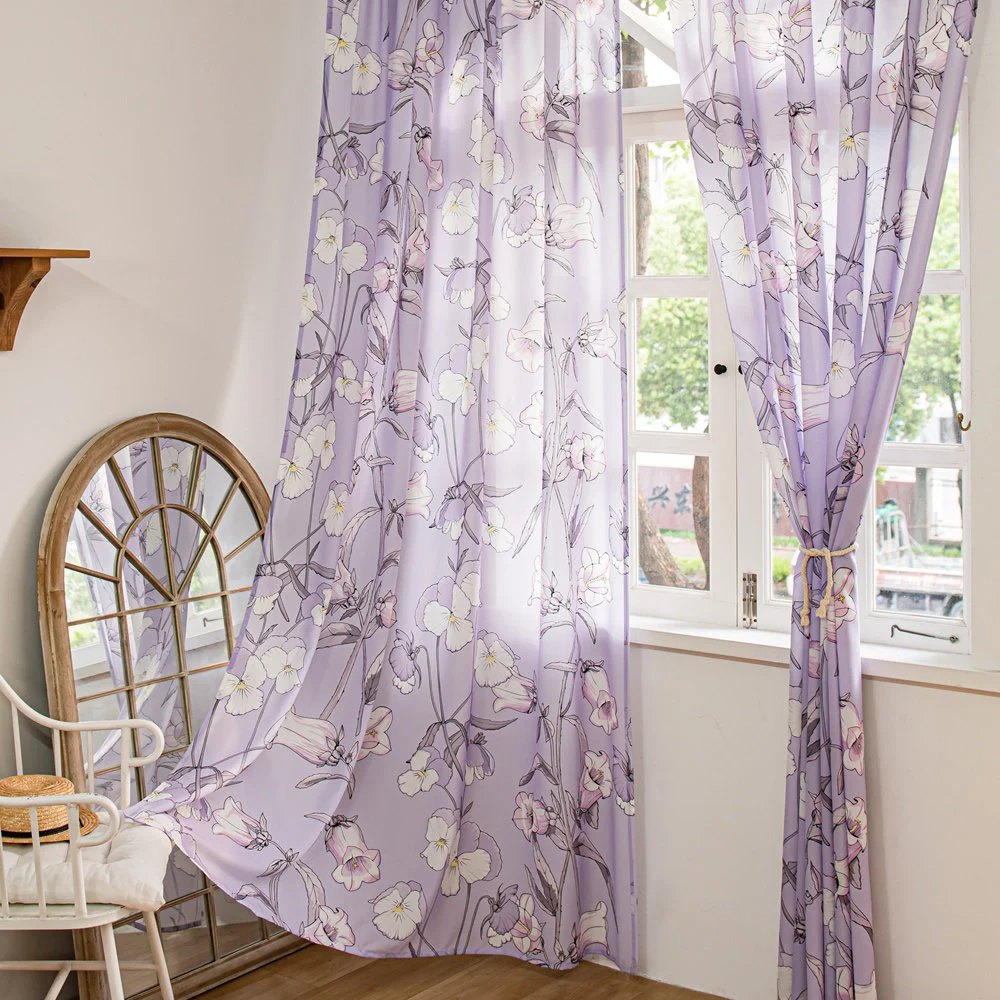 Purple Sheer Window Curtains with Campanula Floral Design