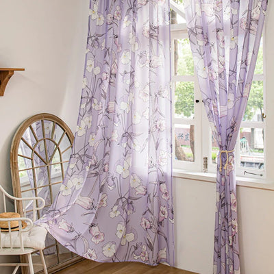 Purple Sheer Window Curtains with Campanula Floral Design