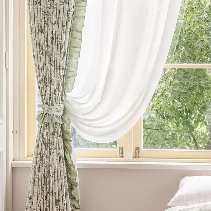 Green Blackout Curtains with Floral Plant Jacquard and Green Leaf Trim