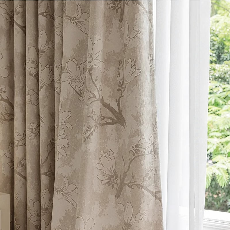 Beige Chenille Blackout Curtains with Magnolia Flower Jacquard