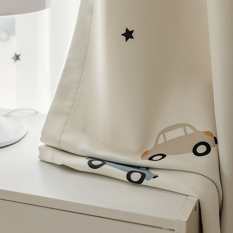 Kids Beige Cotton Linen Blackout Curtains with Car Print