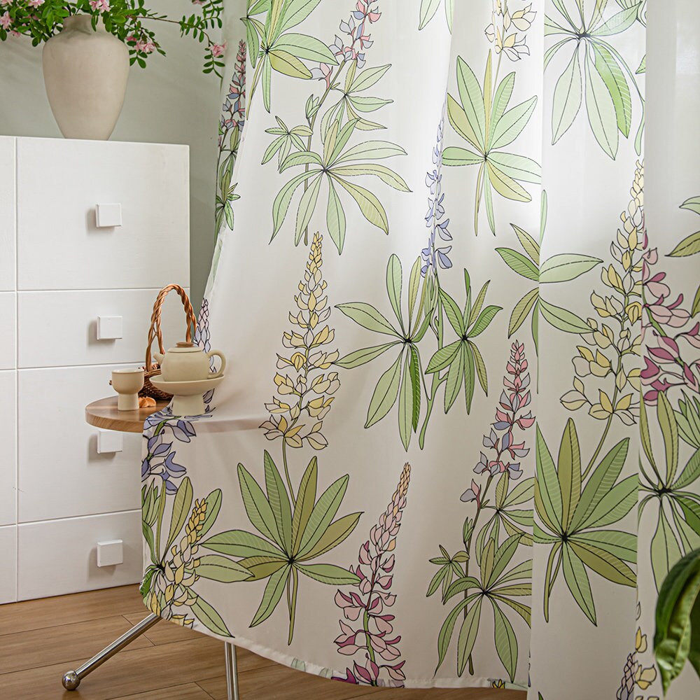 White Sheer Curtains with Purple Lavender Floral and Green Leaves Print