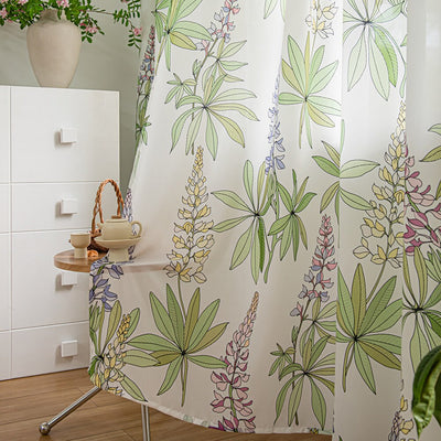 White Sheer Curtains with Purple Lavender Floral and Green Leaves Print