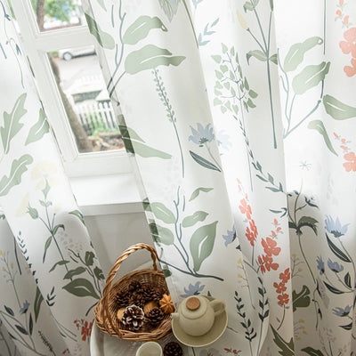 Green Leaf Floral Country Farmhouse White Sheer Curtains
