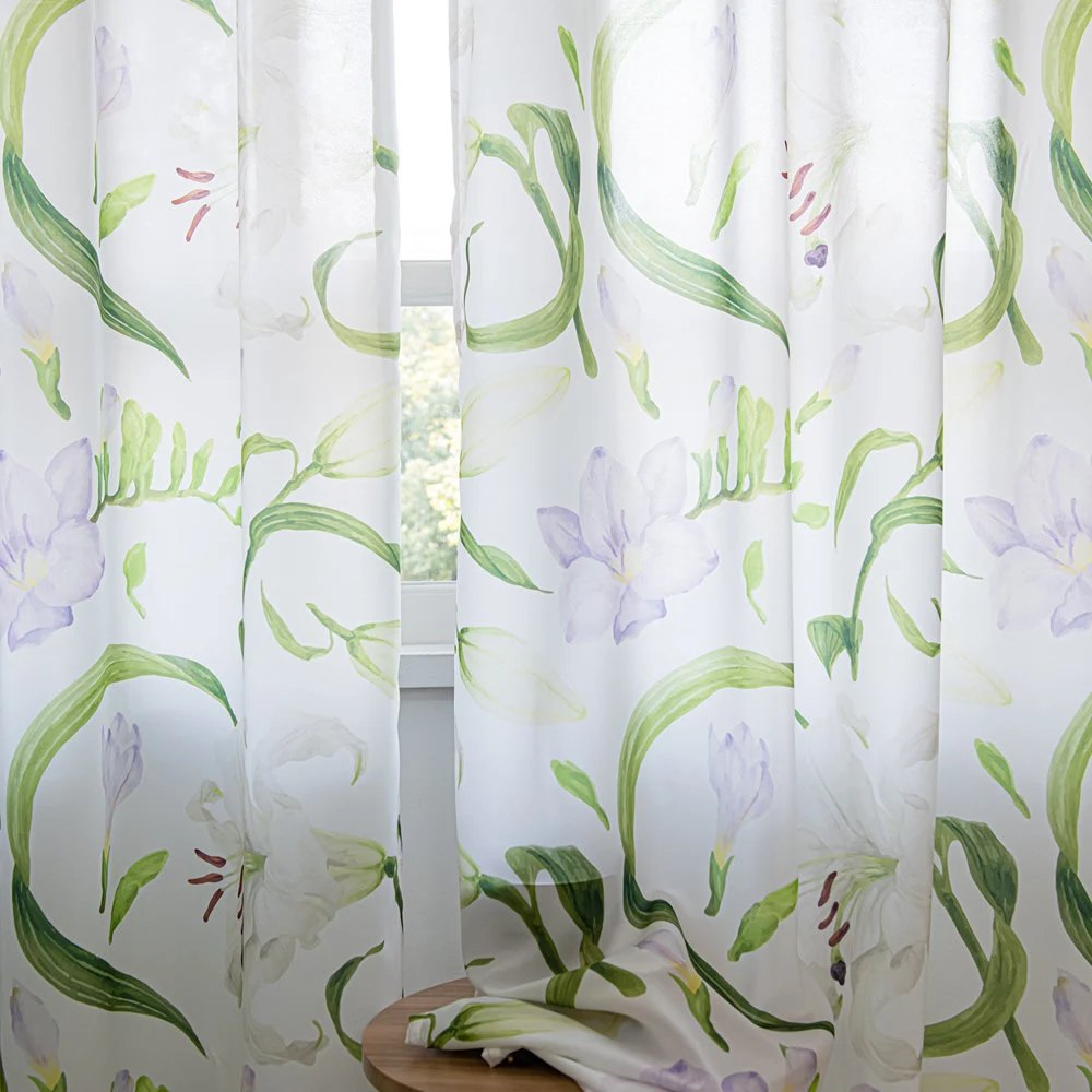 White Sheer Curtains with Watercolor Lily, Purple Flower, and Green Leaves Print