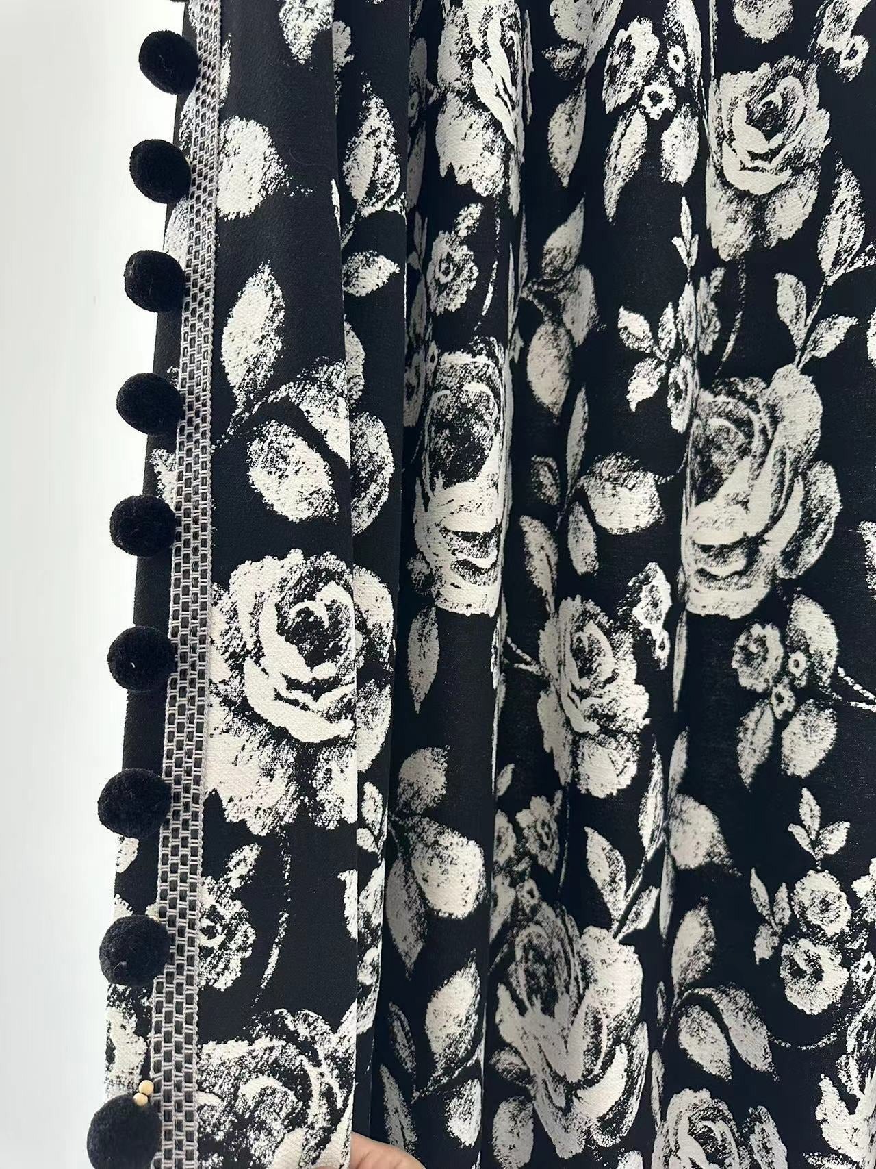 Black Chenille Blackout Curtains with White Rose Jacquard and Black Pom Pom Trim