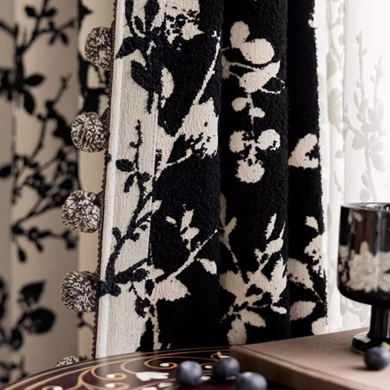 Chenille Blackout Curtains,Black Floral Branch Jacquard, Pom Pom Trim