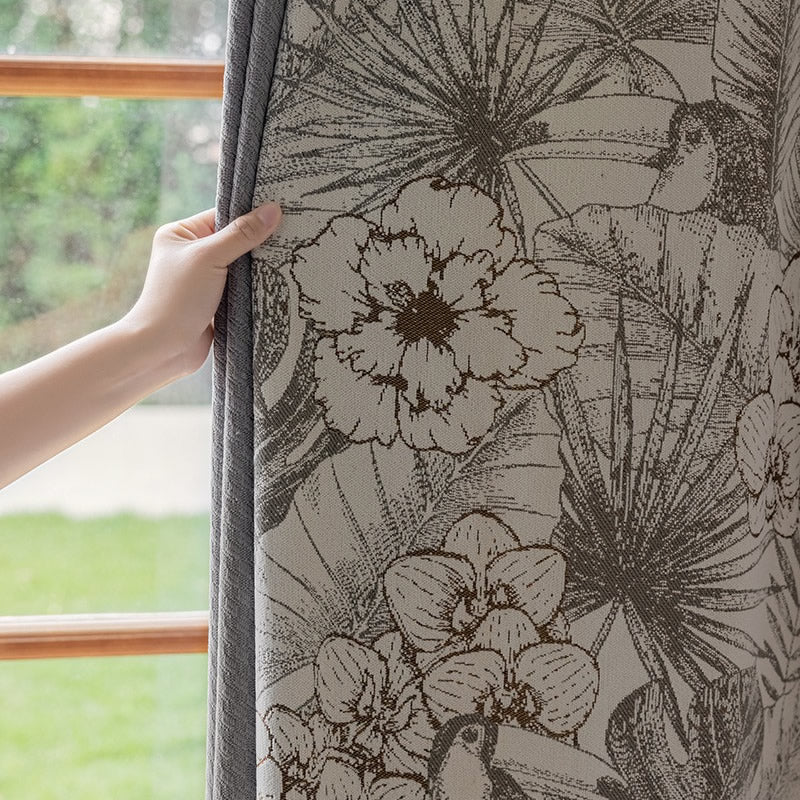 Gray Patchwork Chenille Blackout Curtains with Tropical Plants, Flowers, Brid,Parrots Jacquard
