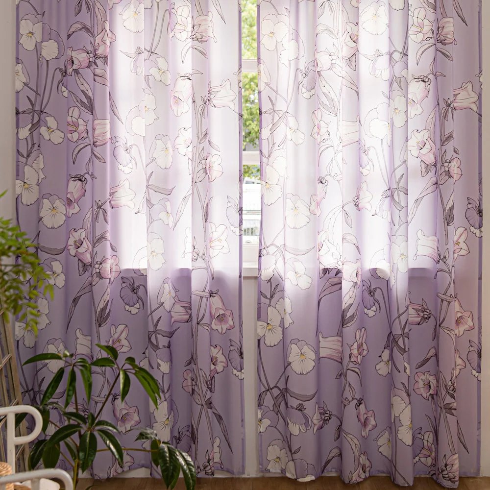 Purple Sheer Window Curtains with Campanula Floral Design