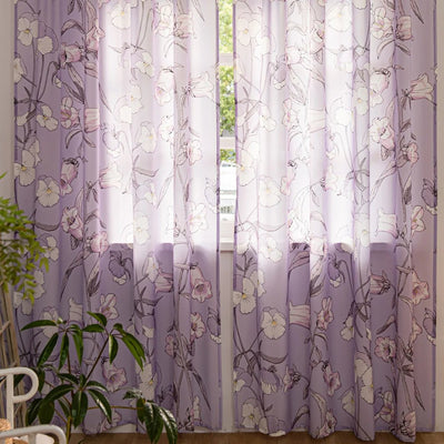 Purple Sheer Window Curtains with Campanula Floral Design