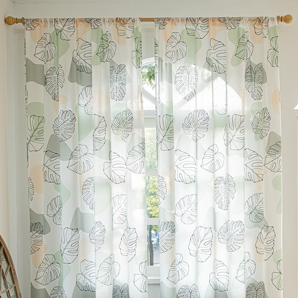 White Sheer Curtains with Green Tropical Leaf Plant Print