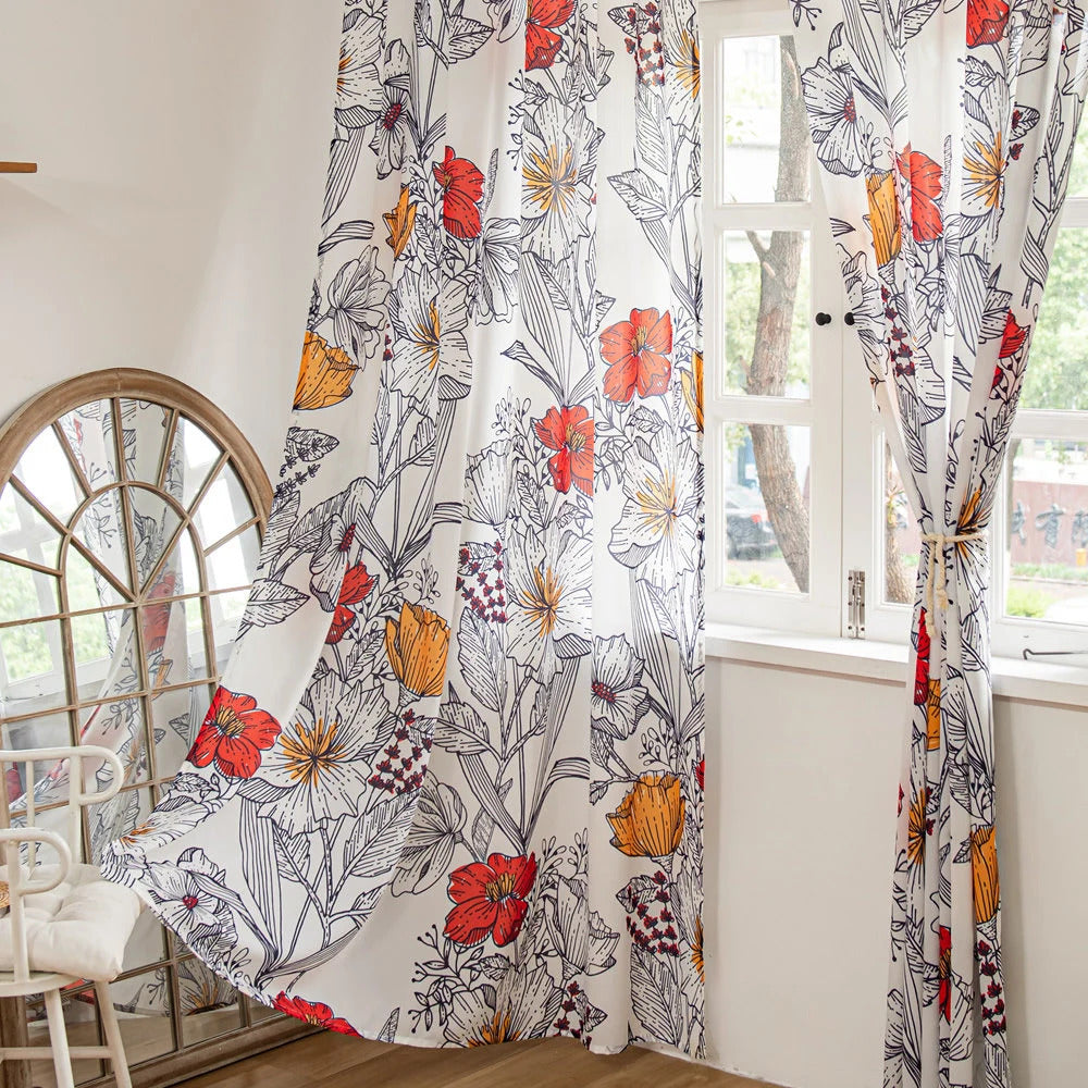 Art Retro Sheer Curtains Orange Floral Design