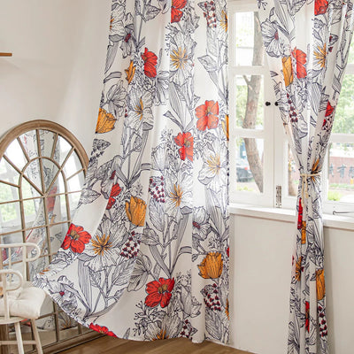 Art Retro Sheer Curtains Orange Floral Design