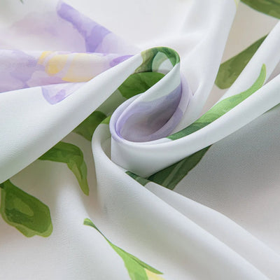 White Sheer Curtains with Watercolor Lily, Purple Flower, and Green Leaves Print