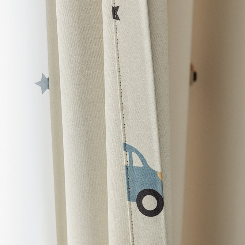 Kids Beige Cotton Linen Blackout Curtains with Car Print