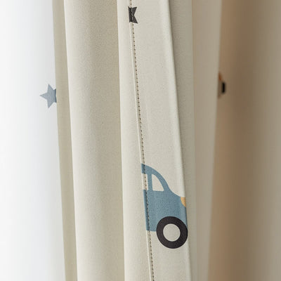 Kids Beige Cotton Linen Blackout Curtains with Car Print