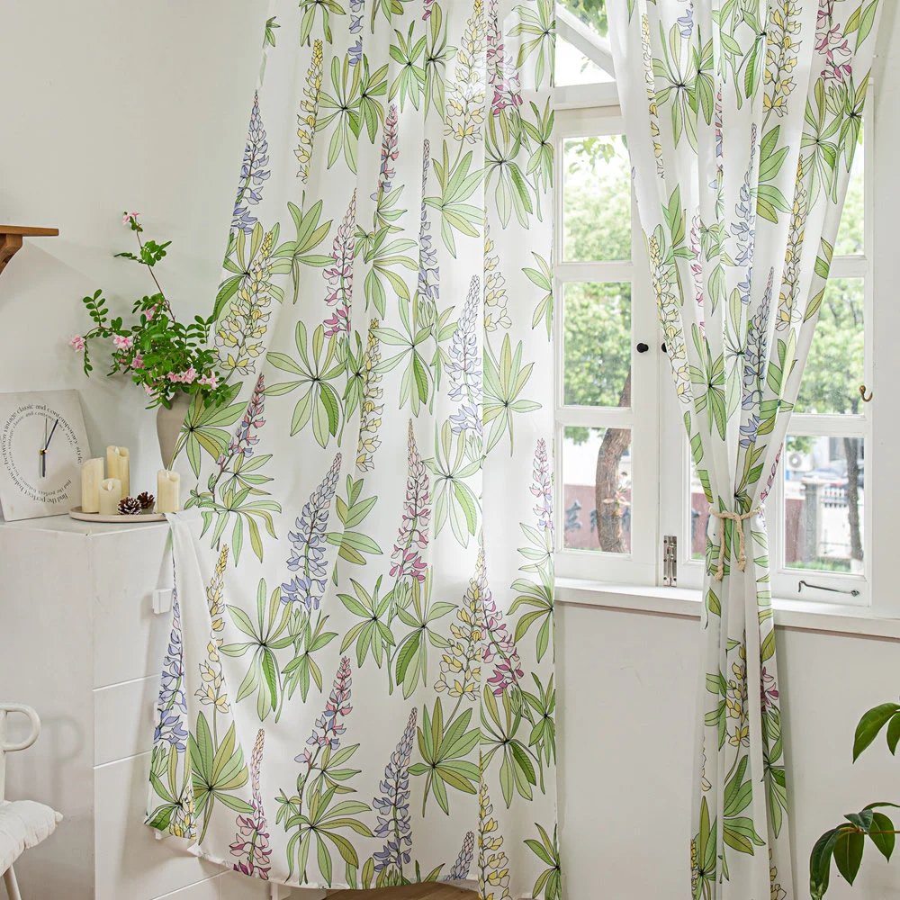 White Sheer Curtains with Purple Lavender Floral and Green Leaves Print