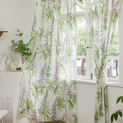 White Sheer Curtains with Purple Lavender Floral and Green Leaves Print