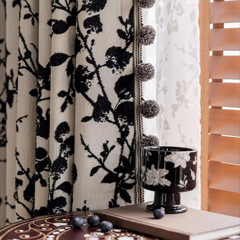 Chenille Blackout Curtains,Black Floral Branch Jacquard, Pom Pom Trim