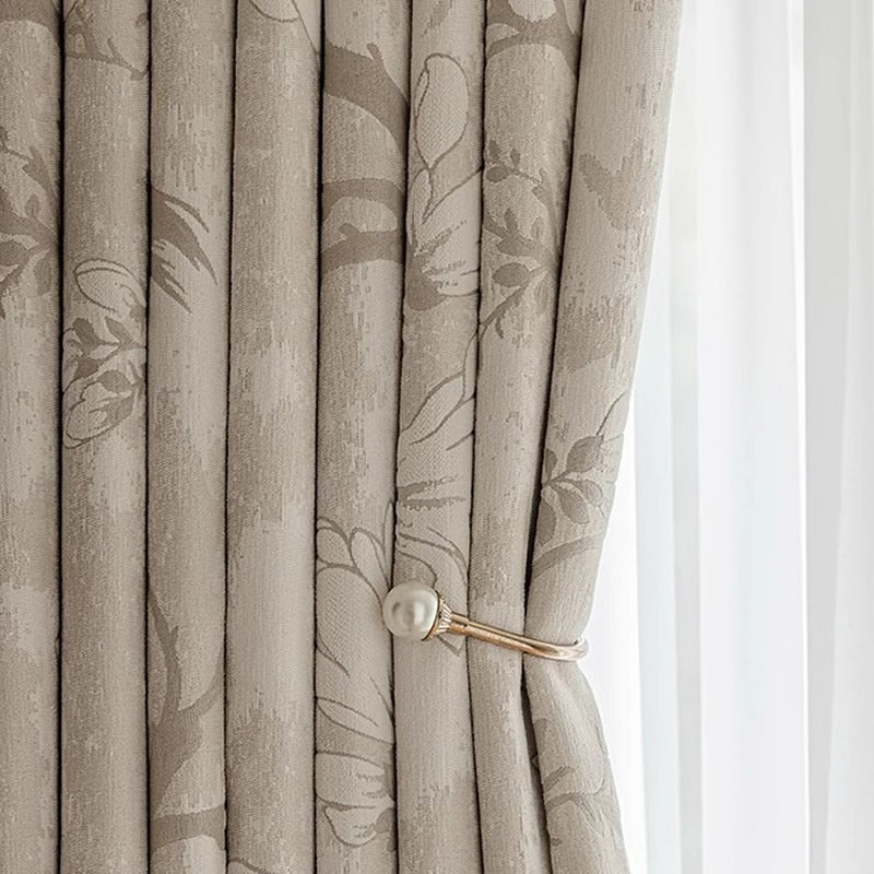 Beige Chenille Blackout Curtains with Magnolia Flower Jacquard