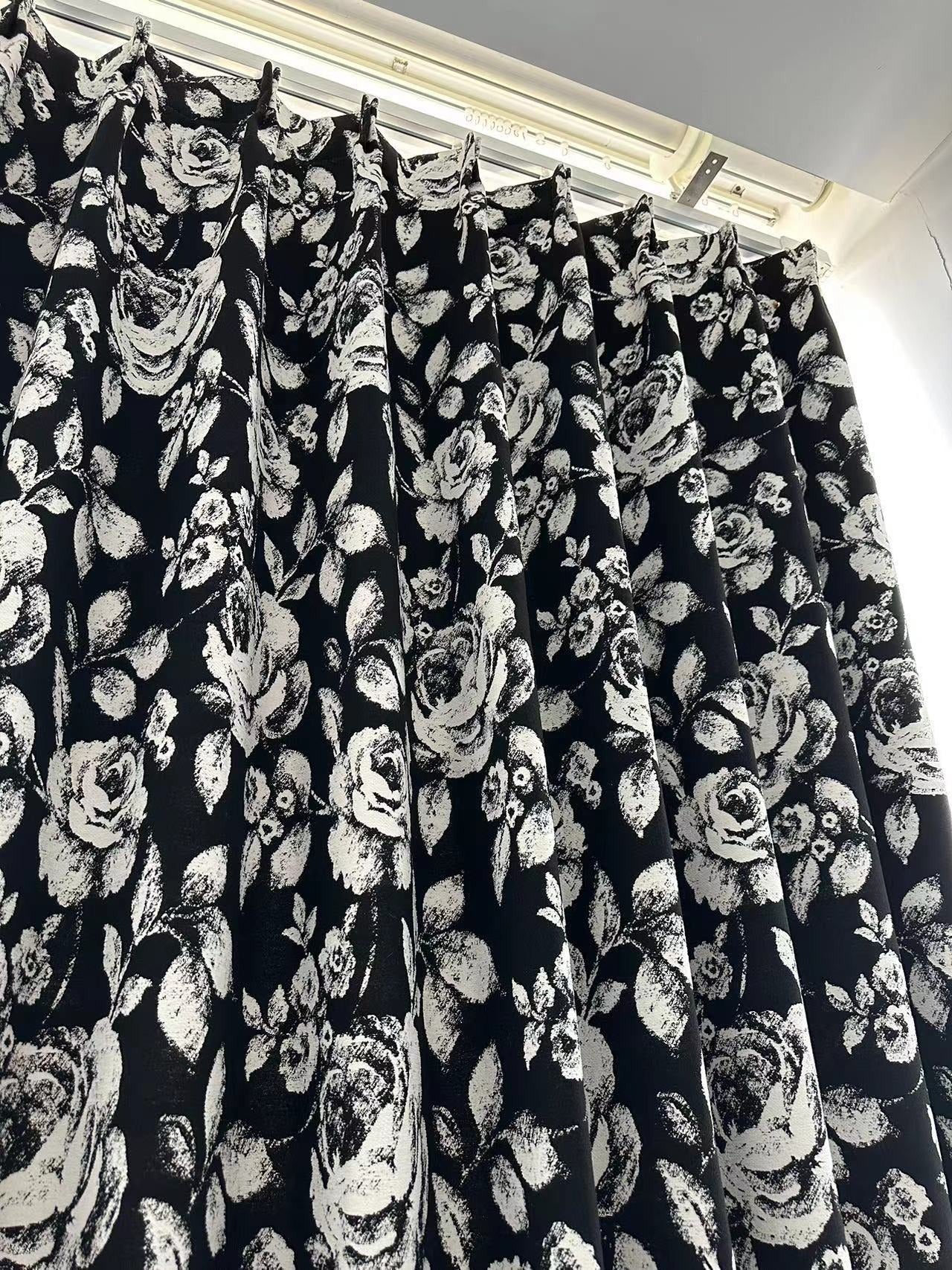 Black Chenille Blackout Curtains with White Rose Jacquard and Black Pom Pom Trim
