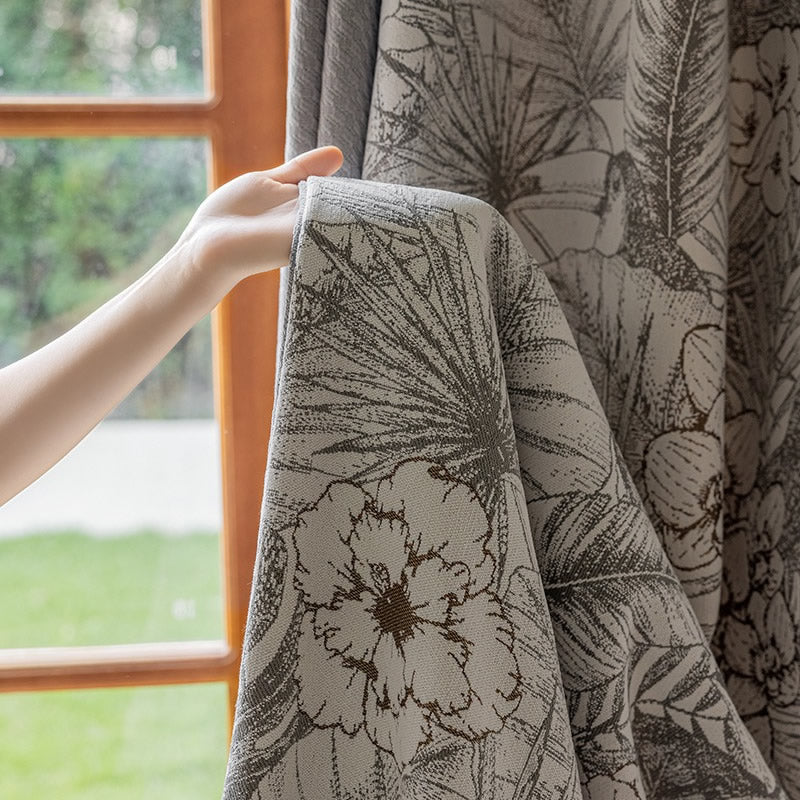 Gray Patchwork Chenille Blackout Curtains with Tropical Plants, Flowers, Brid,Parrots Jacquard