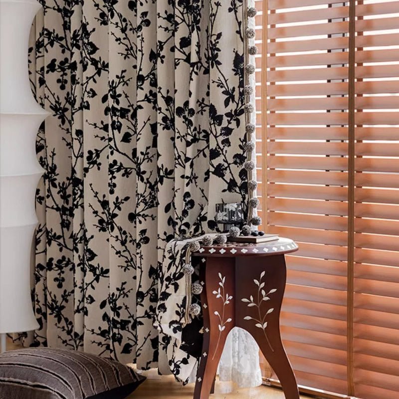 Chenille Blackout Curtains,Black Floral Branch Jacquard, Pom Pom Trim