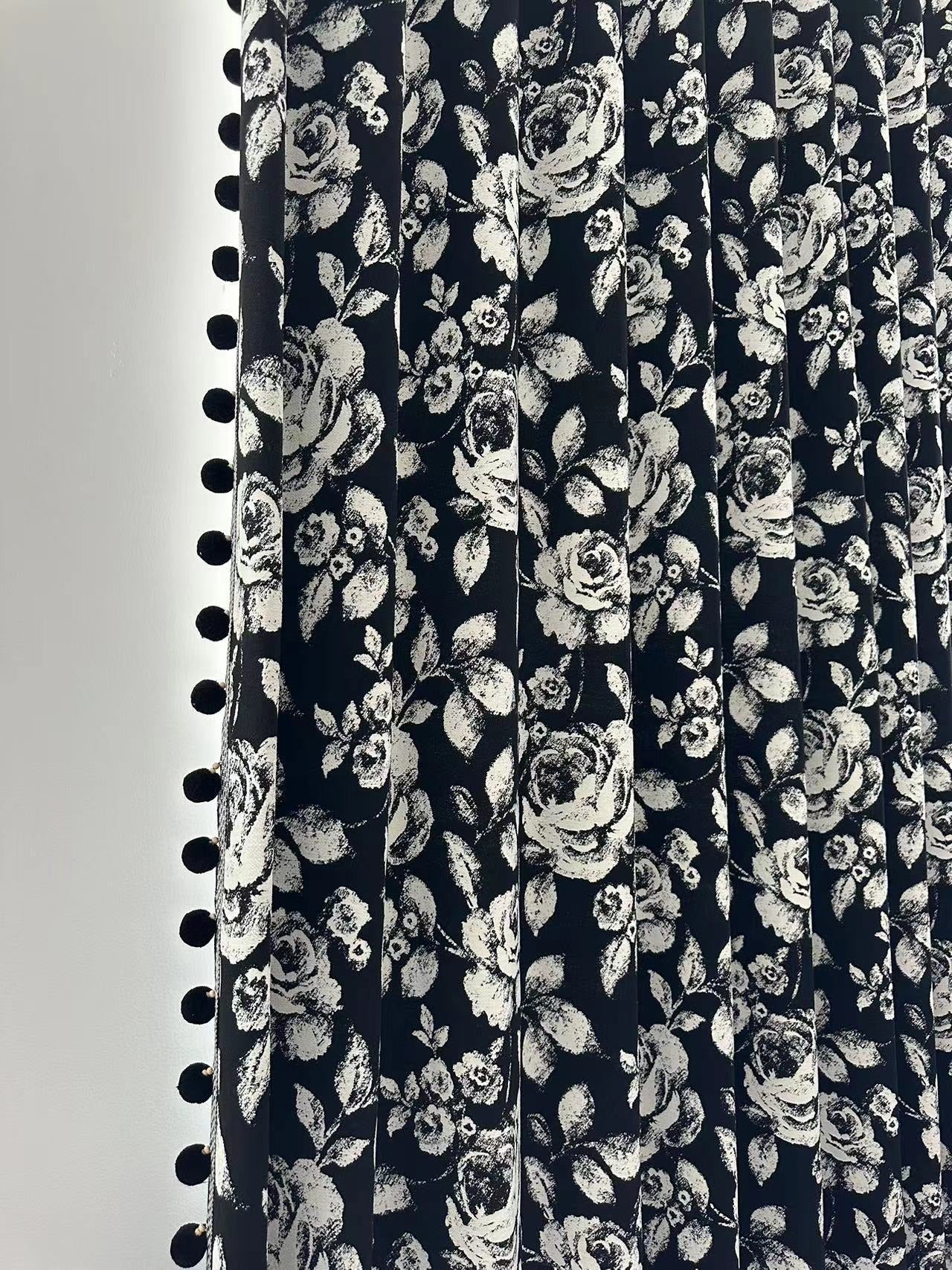 Black Chenille Blackout Curtains with White Rose Jacquard and Black Pom Pom Trim