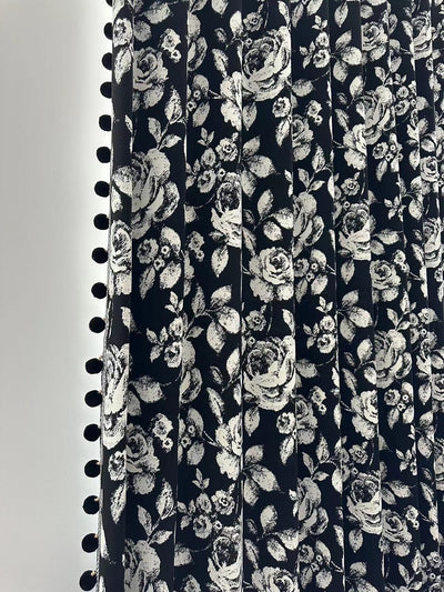 Black Chenille Blackout Curtains with White Rose Jacquard and Black Pom Pom Trim