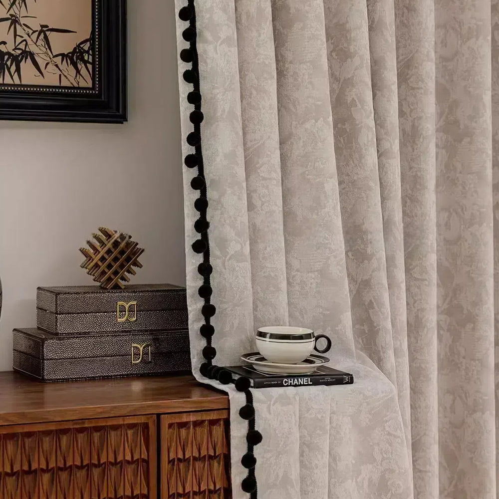 Beige Blackout Curtains with Vintage Jacquard Black Pom Pom Trim