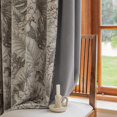 Gray Patchwork Chenille Blackout Curtains with Tropical Plants, Flowers, Brid,Parrots Jacquard