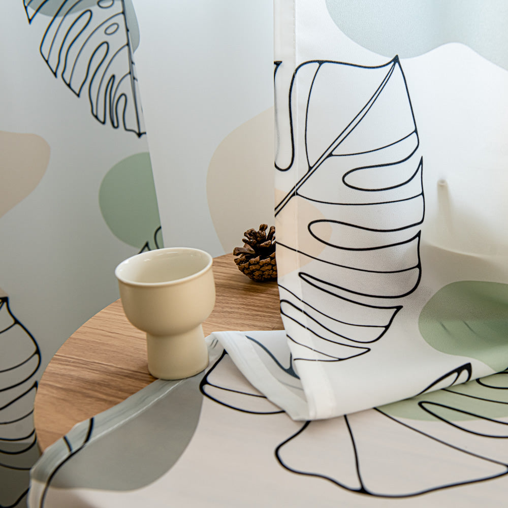 White Sheer Curtains with Green Tropical Leaf Plant Print