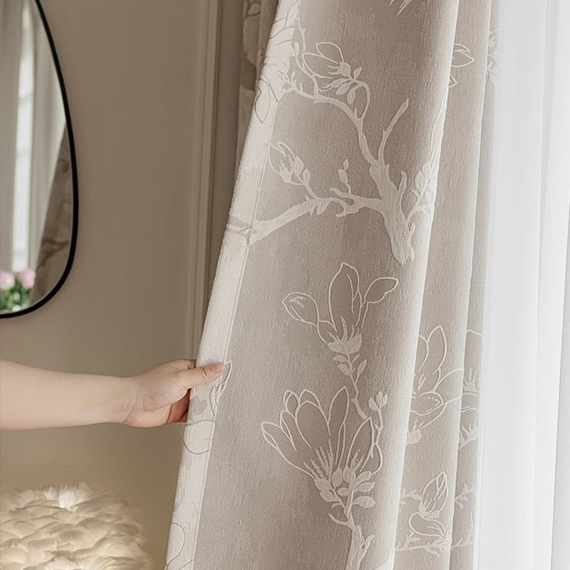 Beige Chenille Blackout Curtains with Magnolia Flower Jacquard