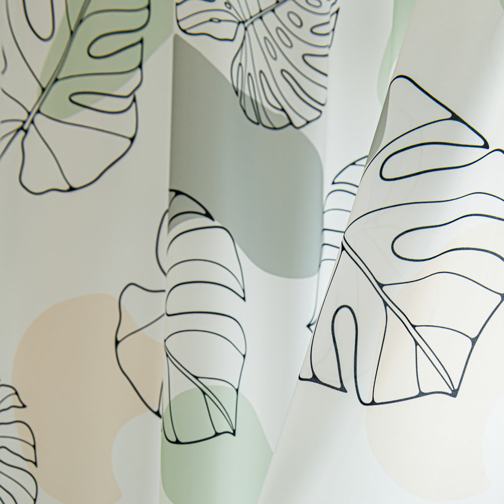 White Sheer Curtains with Green Tropical Leaf Plant Print