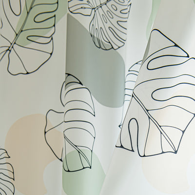 White Sheer Curtains with Green Tropical Leaf Plant Print