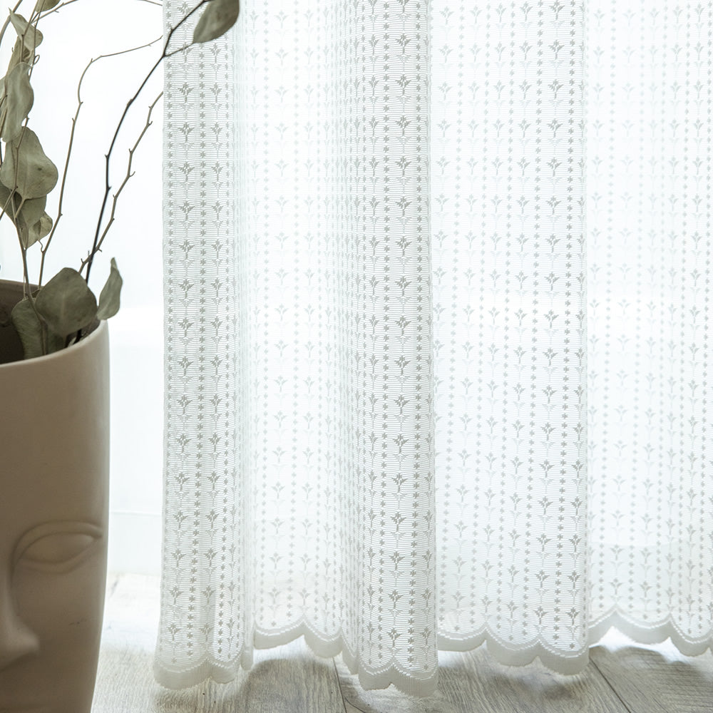 Elegant White Lace Sheer Curtains with Floral Jacquard Hem Waves for Timeless Decor