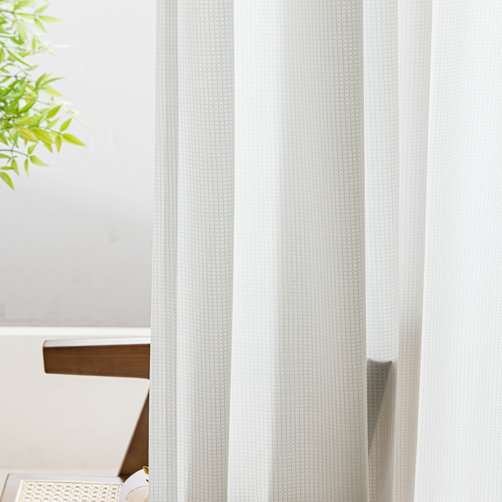 Modern White Sheer Curtains with Stylish Checkered Jacquard Texture