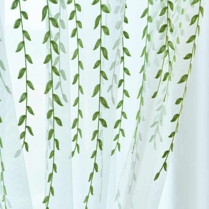 White Sheer Curtains with Beautiful Green Willow Leaves Vine Design