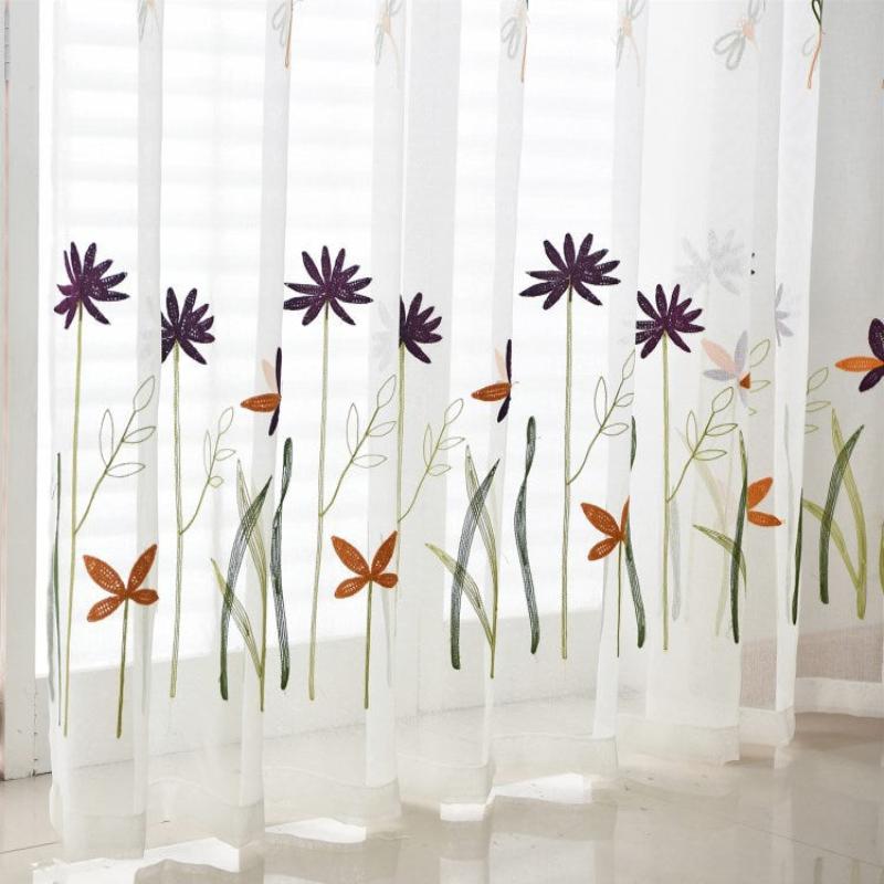 White Sheer Curtains with Beautiful Dragonfly and Purple Floral Embroidery