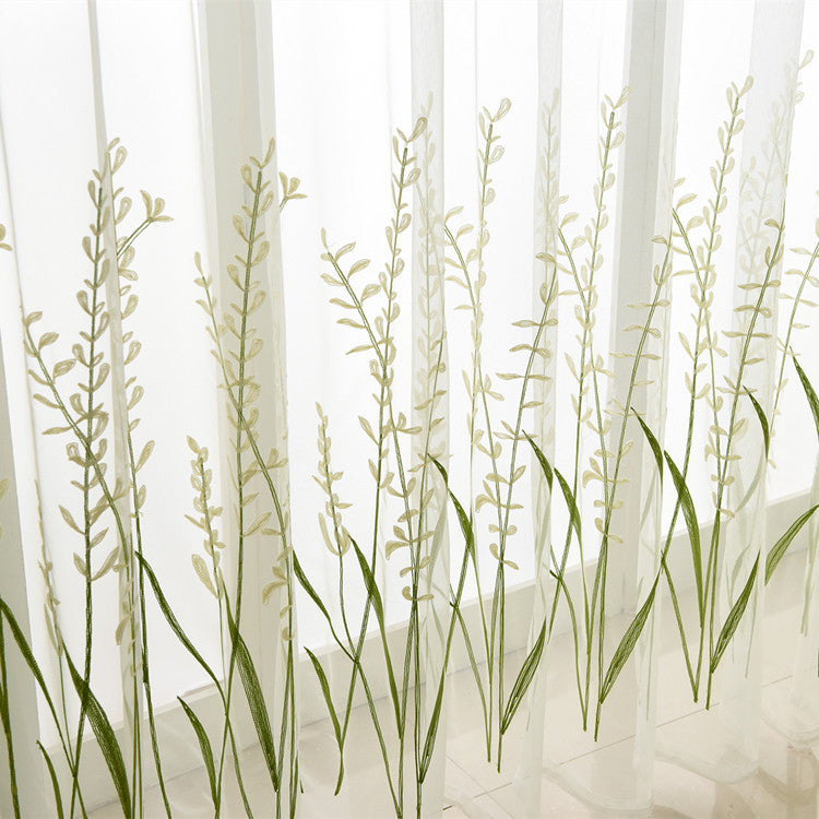 White Sheer Curtains with Beautiful Rice Green Wheat and Flower Embroidery