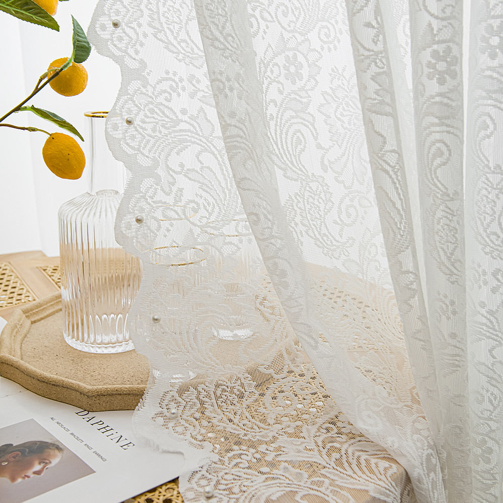 Chic White Sheer Curtains with Lace Inlaid Pearl and Distinctive Wave Trim