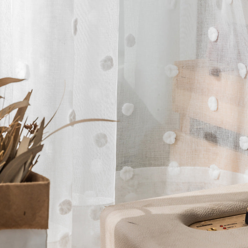 White Sheer Curtains with Delightful Pompoms and Elegant Embroidery