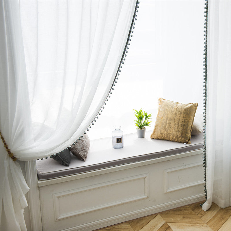 Stylish White Sheer Curtains with Pompoms and Embroidered Trim
