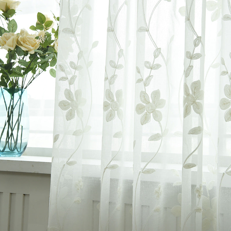 Floral Embroidered White Sheer Curtains with Flower Leaves and Vines Design